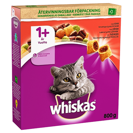 Whiskas® -kattemad har både en lækker smag og er fuld af gode og naturlige ingredienser, som din kat har behov for. Whiskas 1+ opskrifter indeholder alt din kat næringsmæssigt behøver for et langt og lykkeligt liv. Med optimal balance af vitaminer og mineraler. Fremmer sunde urinveje. Tilsat zink for sund hud og pels. Har en nænsom slibende effekt for rene tænder. Med omega 6-fedtsyrer. Vitamin A for et godt syn. Indeholder lækre fyldte bidder.